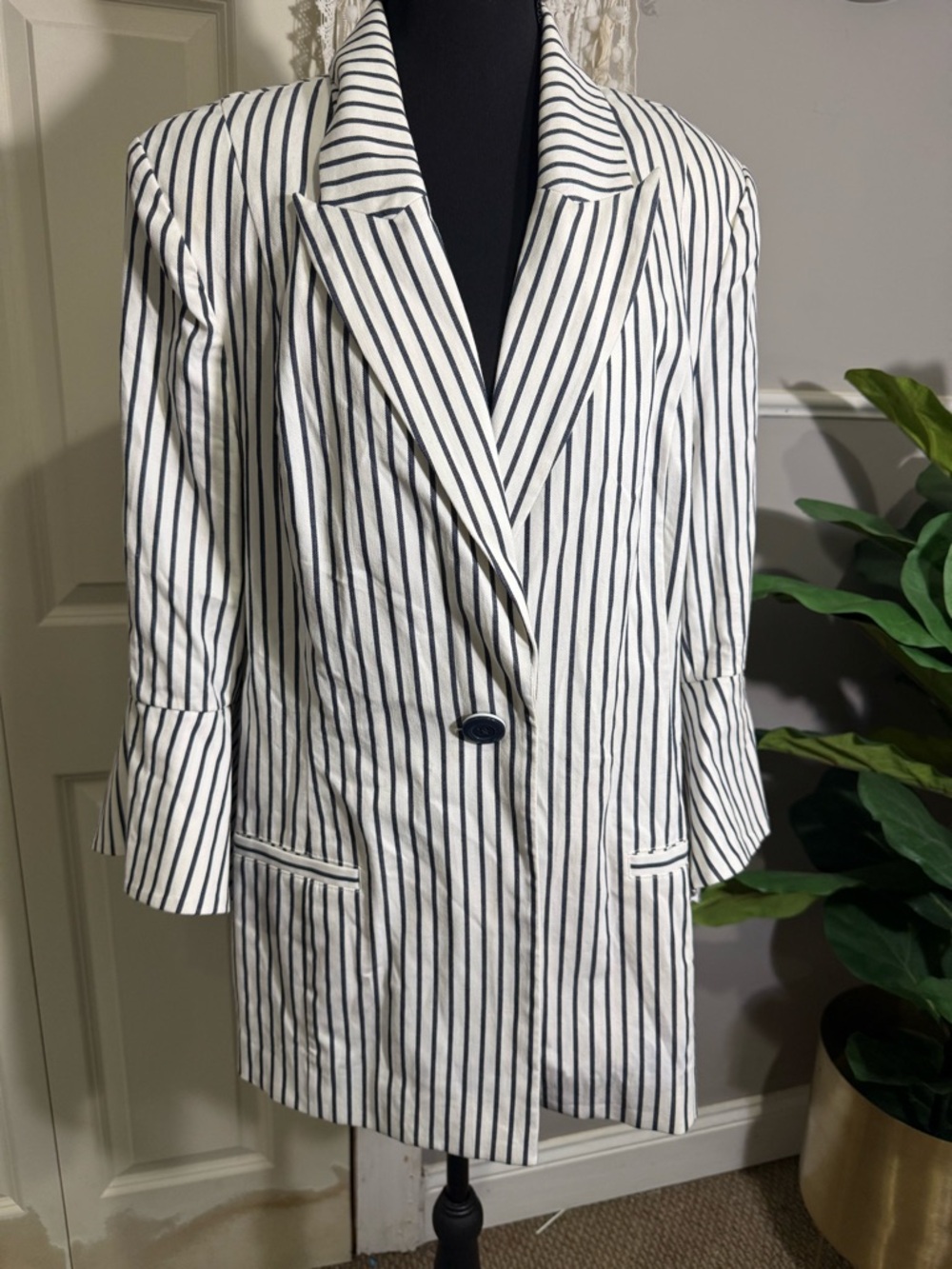 CAbi Black and White Vertical Stripe Single-Button Blazer size 16